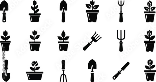 A set of black silhouettes of gardening tools and potted plants on a white background