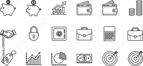 A set of minimalist line art icons representing various financial and business concepts.