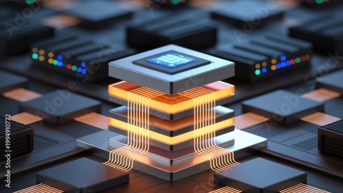 Abstract technology concept showing stacked processor layers with glowing circuitry