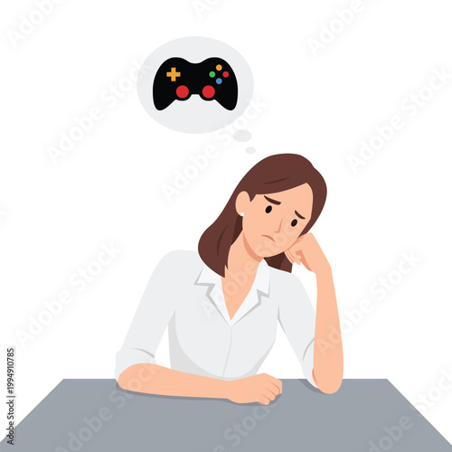 Bored Woman Thinking About Playing Video Games While Sitting at Desk. Flat vector illustration isolated on white background