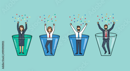Business People Celebrating, Colorful Confetti, Vector Icons, Flat Design