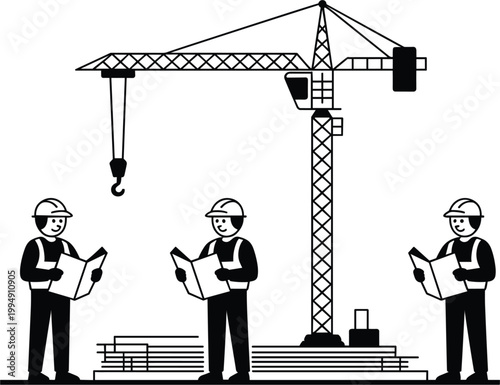 Construction workers with crane silhouette building site engineering teamwork concept vector illustration design