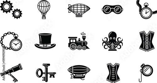 A set of steampunk icons and symbols in a minimalist line art style