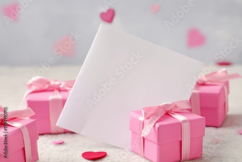 Cute Pink Gift Boxes and a Blank Card on a Table With Heart Decorations in th...
