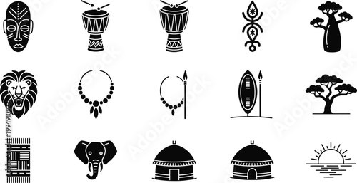 A collection of African tribal icons and symbols in a minimalist flat design style