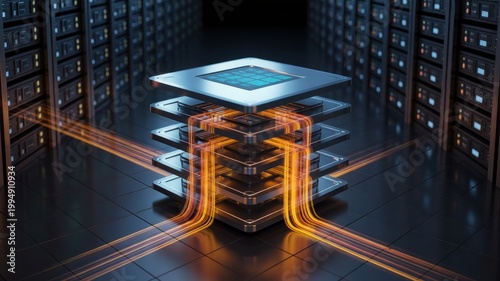 Abstract futuristic processor chip stack inside a server room data center