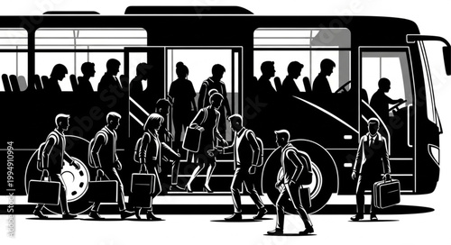 People boarding and disembarking a bus silhouette illustration.