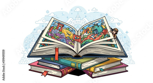 Open Book With Colorful Illustrations Stacked On Books.