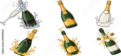 Champagne celebration vector set featuring 6 designs including bottle popping cork splashing foam and cheers with glass for wedding and party.