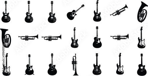 A collection of black musical instrument silhouettes including guitars and brass instruments.