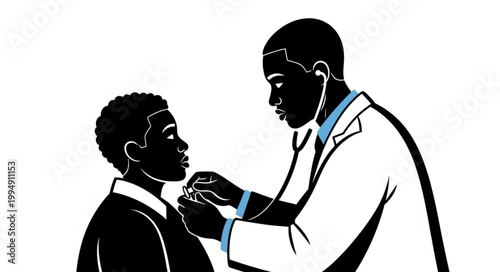 Doctor examining a young boy with a stethoscope.