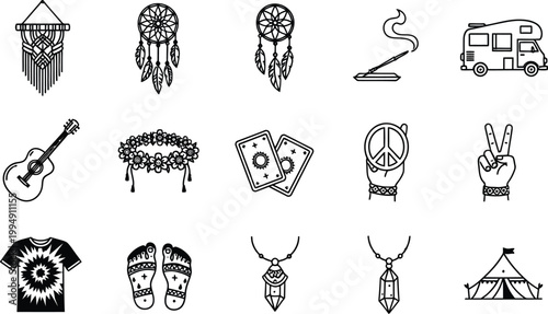 A collection of hippie and bohemian themed vector icons and illustrations