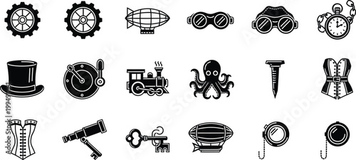 A collection of steampunk icons and symbols in a minimalist black and white design