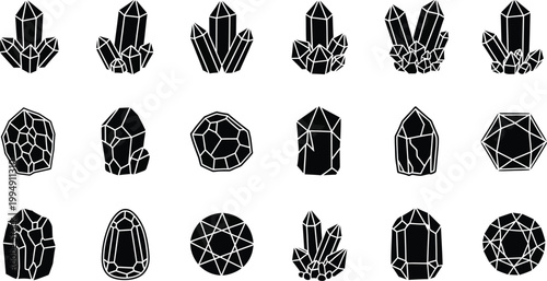 A set of black and white crystal illustrations in various shapes and forms.