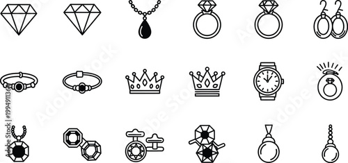 A set of black and white line art icons featuring various jewelry items and accessories