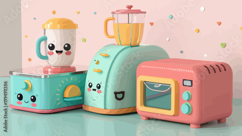 Cute kawaii kitchen appliances characters with smiley faces, pastel colored toaster, microwave, and blender 3d illustration on pink background