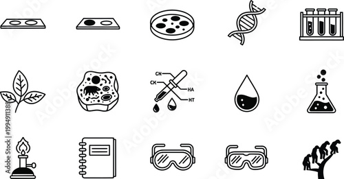 A set of black and white line art icons representing creativity and innovation on a white background