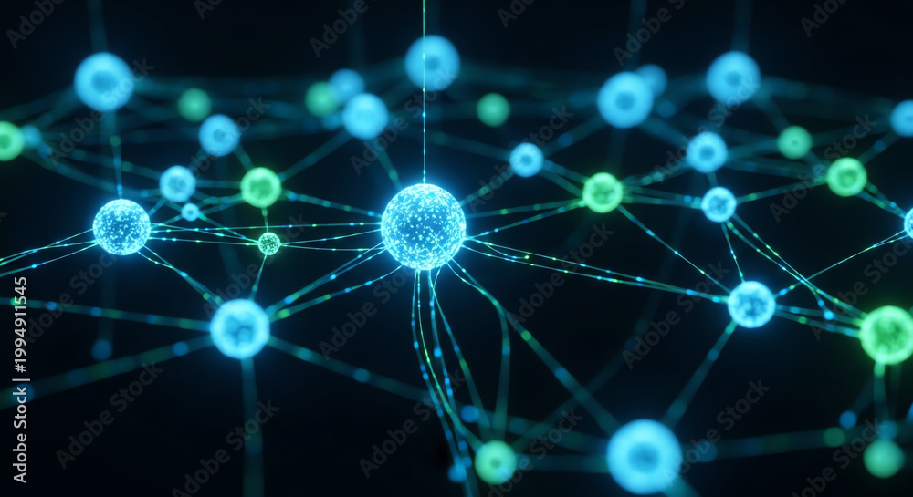 Obraz premium Abstract Network Connection of Glowing Spheres, Digital Data Flow
