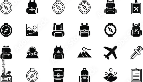 A set of black and white travel icons including backpacks, compasses, and airplanes on a white background
