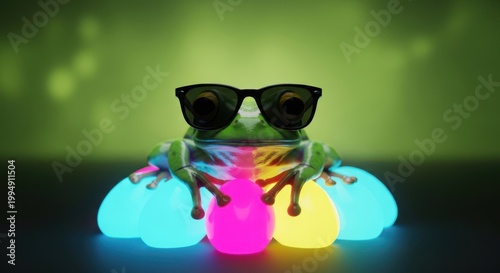 Frog wearing sunglasses on colorful glowing droplets