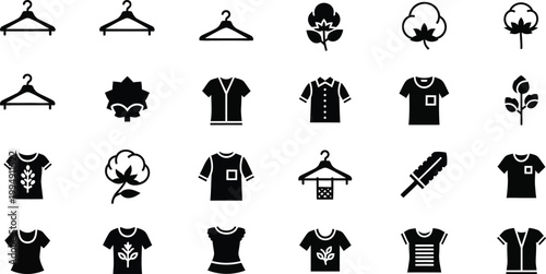 A set of black and white vector icons depicting clothing and floral designs on a plain background