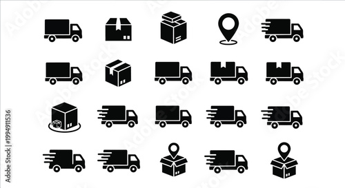A set of black and white vector icons depicting delivery trucks and packages