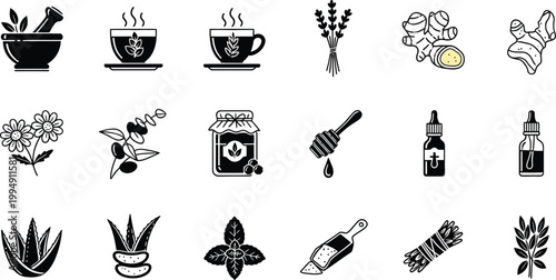 A set of black and white vector icons depicting herbalism and natural remedies