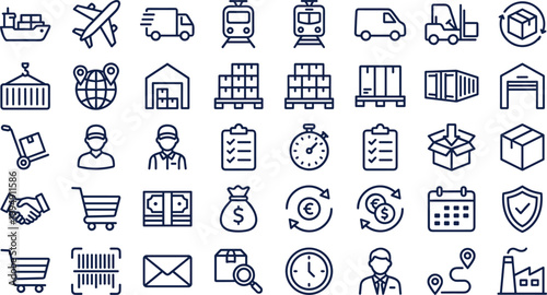Logistics and Supply Chain Line Icon Set Featuring Shipping Transport Warehouse Delivery Packaging Business Symbols