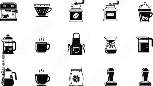 A set of black and white vector icons depicting various writing and office supplies on a clean white background