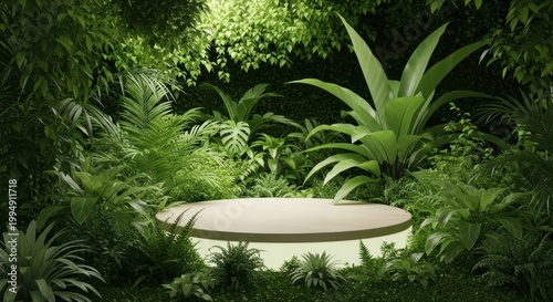 Modern minimalist white circular table in lush green tropical foliage