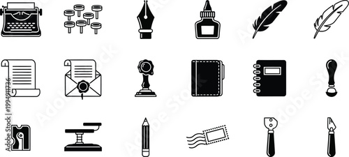 A set of black and white vector icons depicting writing and office supplies on a white background