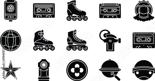 A set of black and white vector icons featuring various objects and symbols in a minimalist style