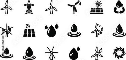 A set of black and white vector icons representing renewable energy and ecology