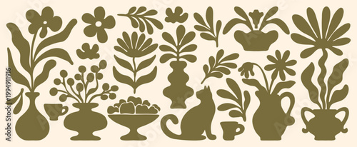 Silhouettes vase, flowers, leaf set.  Boho naive minimalist abstract floral elements. Botanical earthy prints, summer or spring flowers. Vector. 