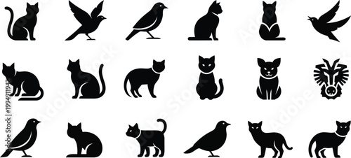 A set of black silhouettes featuring various cat and bird illustrations on a white background