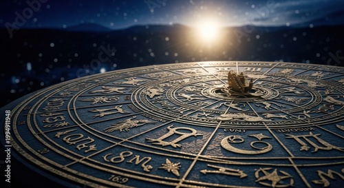 Ancient celestial dial, sun, and star-filled sky