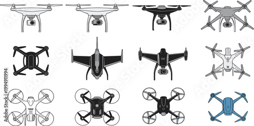Modern drone and UAV vector set featuring 12 designs including camera quadcopters racing drones and fixed wing surveillance aircraft in flat style