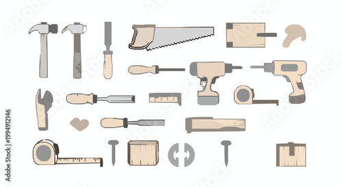 Decorative carpenter tools doodle set with hand drawn woodworking icons vector illustration