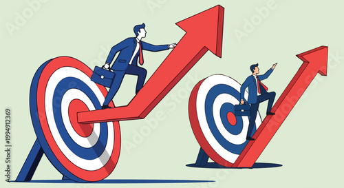 Business growth concept with businessmen climbing red arrows from target boards, financial success and goal achievement illustration, corporate progress vector