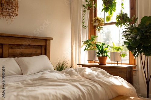 Bright Room With Plants and a Bed by the Window in a Home During the Day