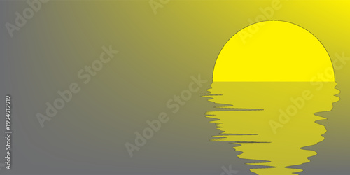 Minimalist illustration of a bright yellow sun setting over a dark, calm body of water, featuring a stylized reflection and a gradient background in gray and yellow.