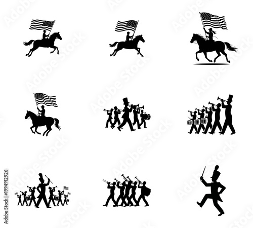 American Flag Waving Rider and Marching Band Silhouettes on White Background horse