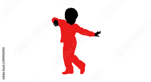 A vibrant red figure of a child in a dynamic pose silhouette