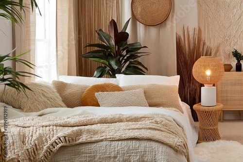 Cozy Bedroom With Natural Elements and Warm Colors in a Modern Space During D...