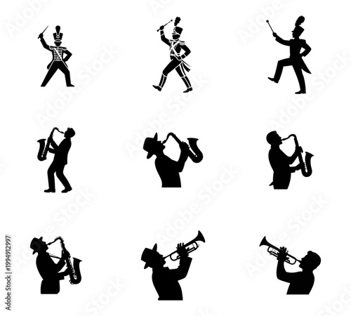 Marching Band Musicians Playing Saxophone Trumpet Drum Major Silhouette Collection