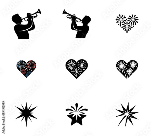 Trumpet player silhouette and abstract fireworks heart symbols on white background person blowing