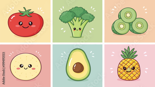 Set of cute cartoon fruits and vegetables, including tomato, broccoli, kiwi, pineapple, avocado, and a slice of fruit, vector illustration