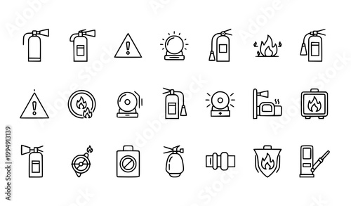 Modern outline fire extinguisher icon set emergency safety symbols and firefighting equipment vector illustration on white background