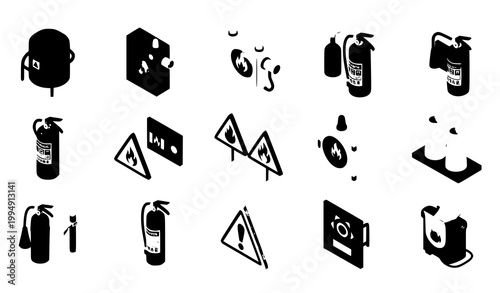 Isometric fire extinguisher safety equipment icon set emergency firefighting tools vector illustration on white background