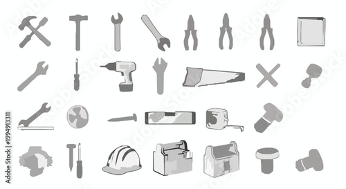 Construction tools doodle icons set with hand drawn sketch equipment vector illustration
